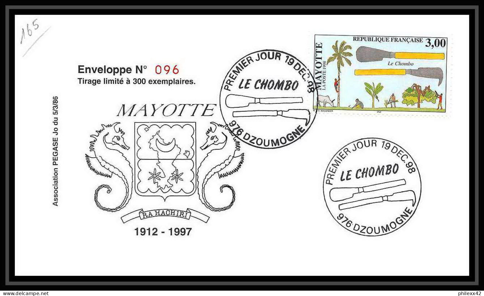 5227/ Pegase Tirage Numerote 56/300 Y&t 61 Le Chombo Mayotte 1998 Fdc Premier Jour Lettre Cover - Cartas & Documentos