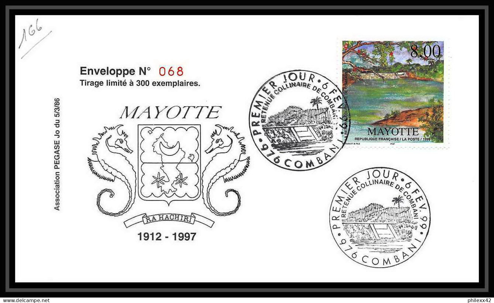 5228/ Pegase Tirage Numerote 56/300 Y&t 70 Combani Mayotte 1999 Fdc Premier Jour Lettre Cover - Lettres & Documents
