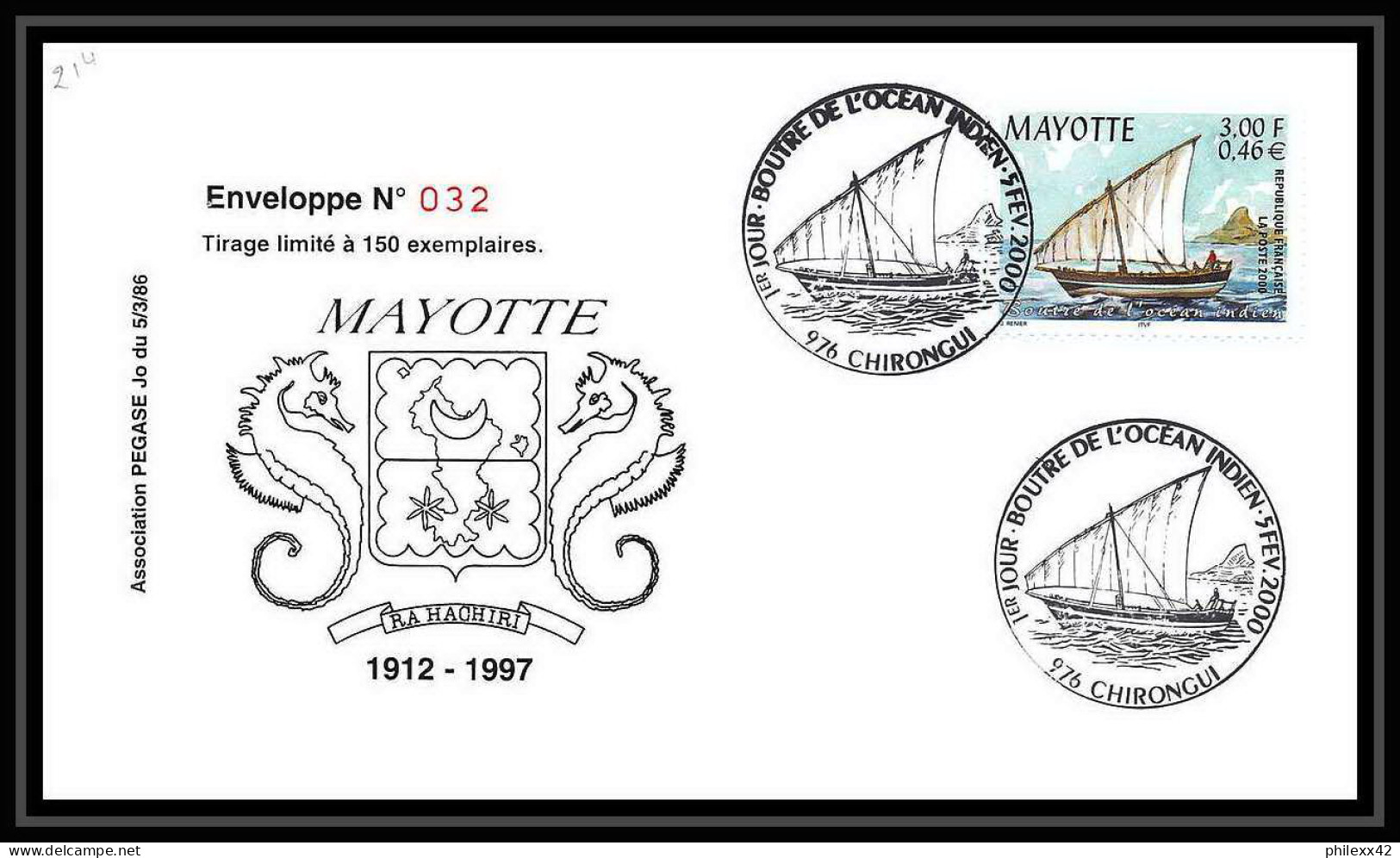 5231/ Pegase Tirage Numerote 56/300 Y&t 81 Bateau Boutre De L'ocean Indien Mayotte 2000 Fdc Premier Jour Lettre Cover - Storia Postale