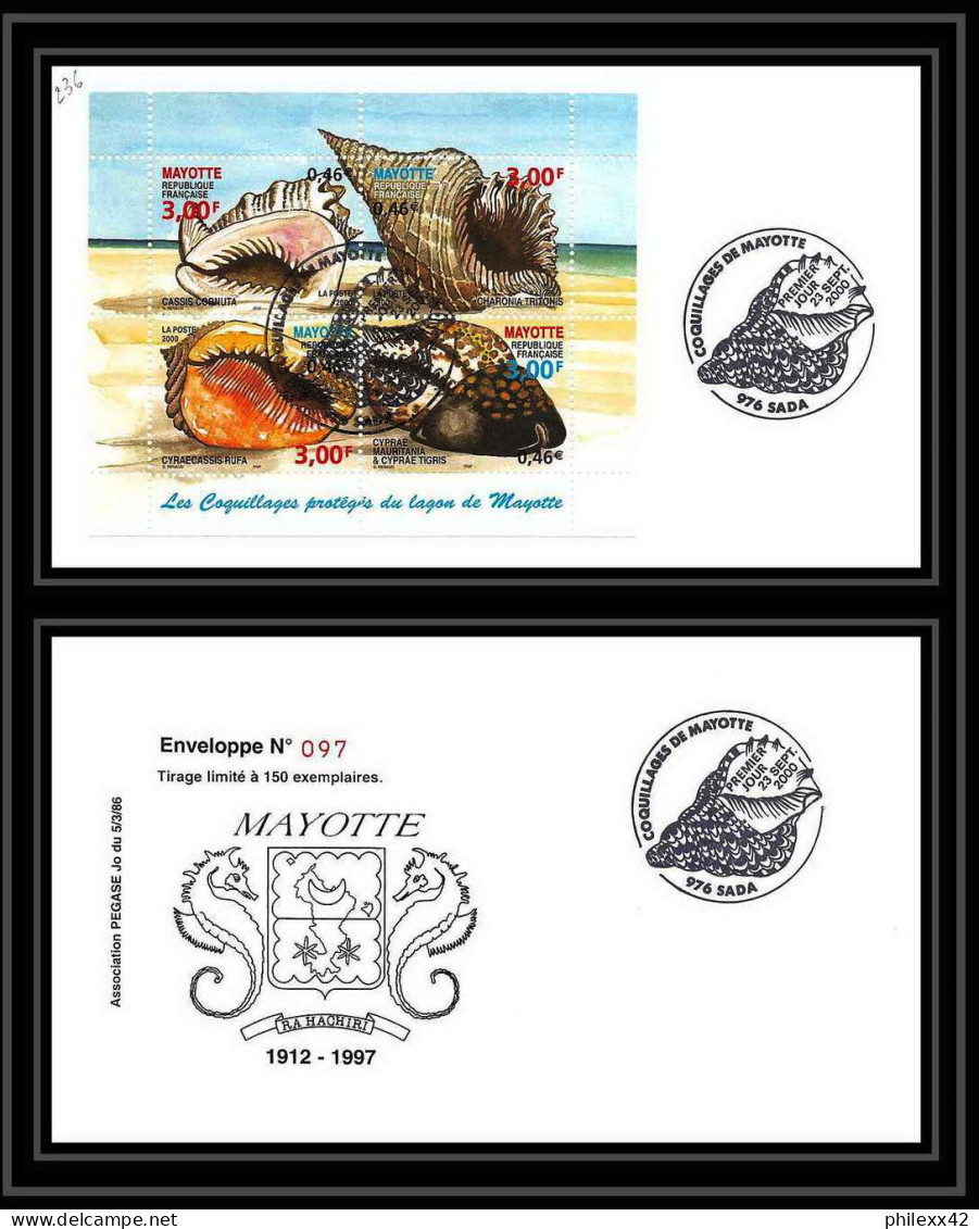 5233/ Pegase Tirage Numerote 56/300 Y&t Bf N 4 Coquillages Shell Mayotte 2000 Fdc Premier Jour Lettre Cover - Cartas & Documentos