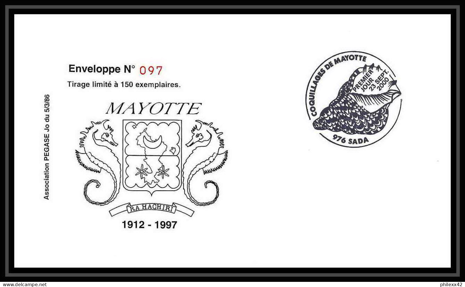 5233/ Pegase Tirage Numerote 56/300 Y&t Bf N 4 Coquillages Shell Mayotte 2000 Fdc Premier Jour Lettre Cover - Cartas & Documentos