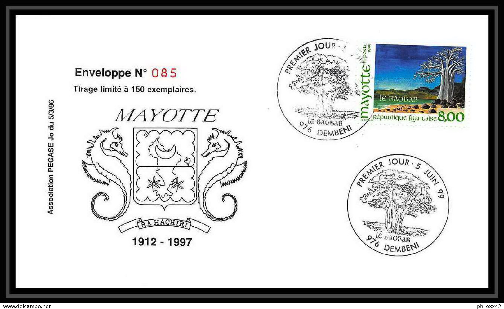5236/ Pegase Tirage Numerote 56/300 Y&t 75 Arbre Tree Baobab Mayotte 1999 Fdc Premier Jour Lettre Cover - Covers & Documents