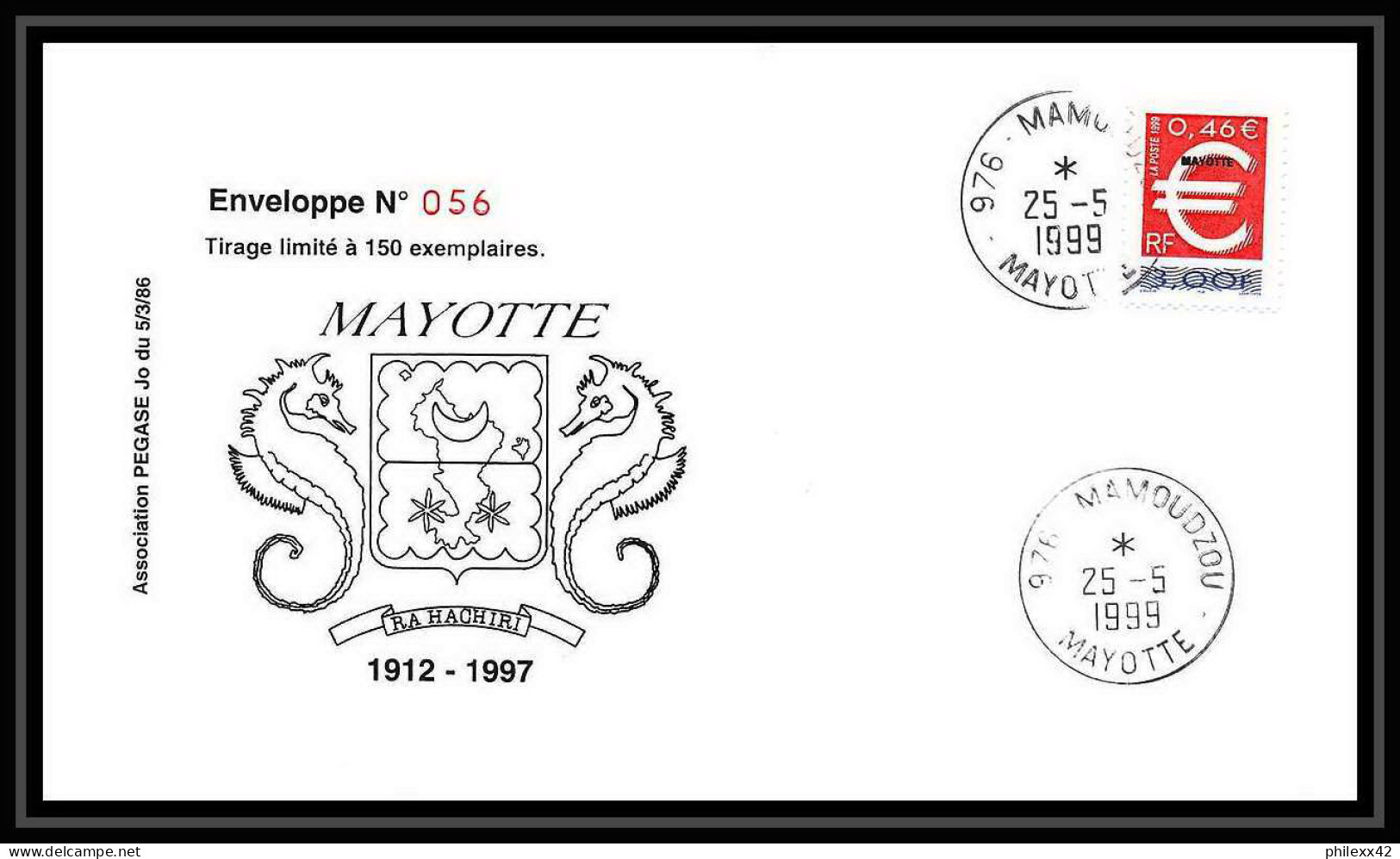 5240/ Pegase Tirage Numerote 56/300 Y&t 77 Timbre Euro Mayotte 1999 Fdc Premier Jour Lettre Cover - Covers & Documents