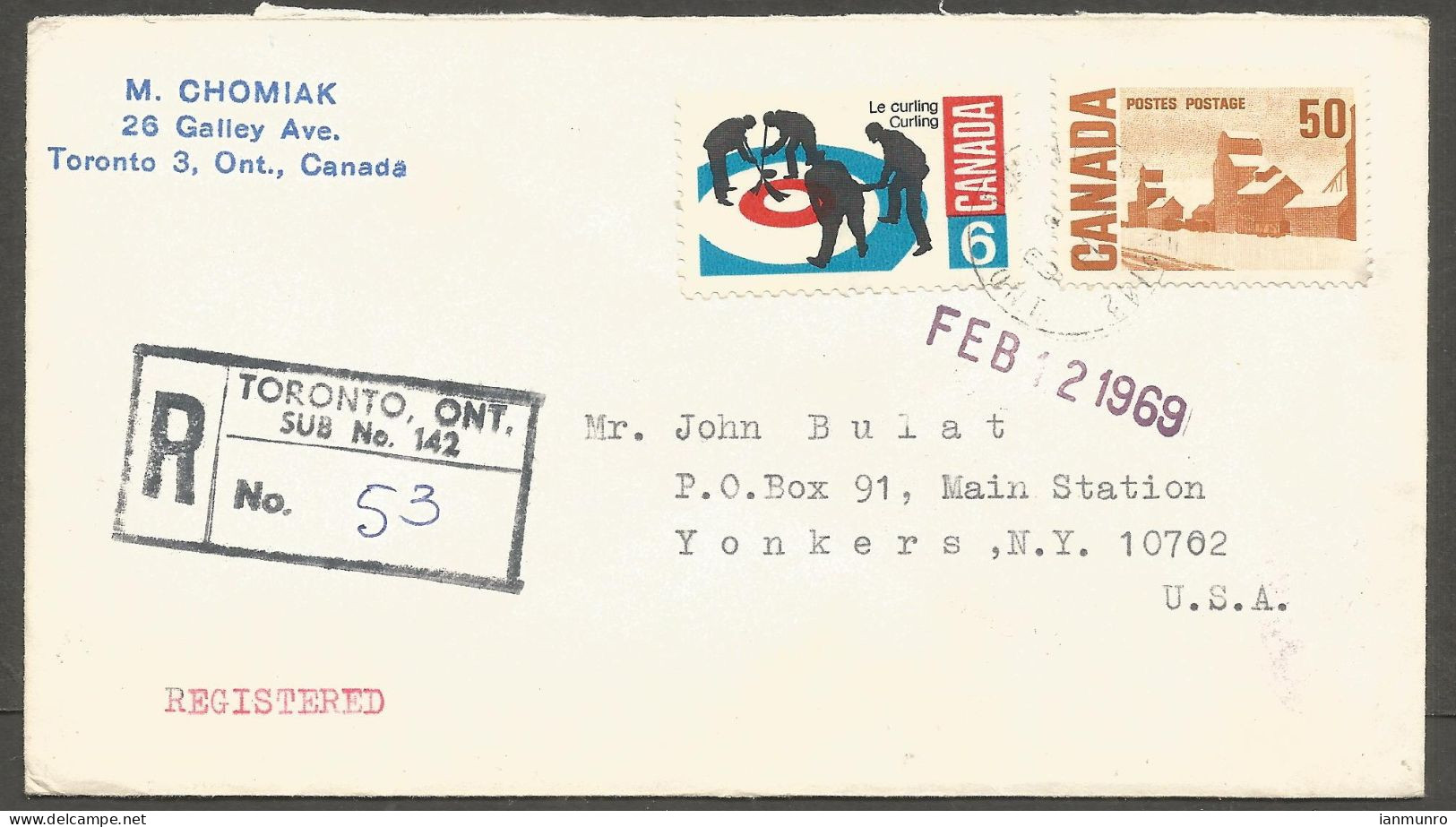 1969 Registered Cover 56c Centennial/Curling CDS Toronto Sub No 142 Ontario - Histoire Postale