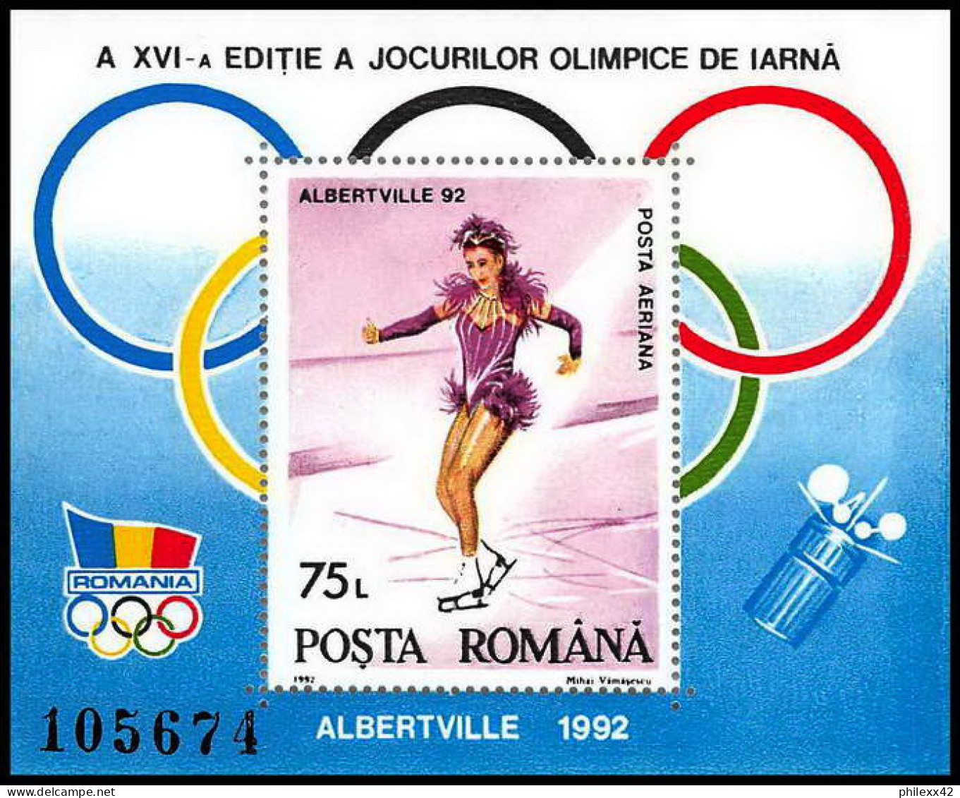 Roumanie (Romania) MNH ** -80- Bloc N° 215 Jeux Olympiques (olympic Games) Albertville 92 Skating - Winter 1992: Albertville