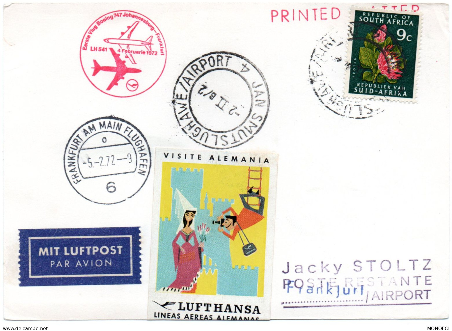 AFRIQUE Du SUD -- Carte -- Jan Smutslughawe - Airport 2.2.1972 Pour FRANKFURT (Allemagne) Avec Vignette LUFTHANSA Lineas - Storia Postale