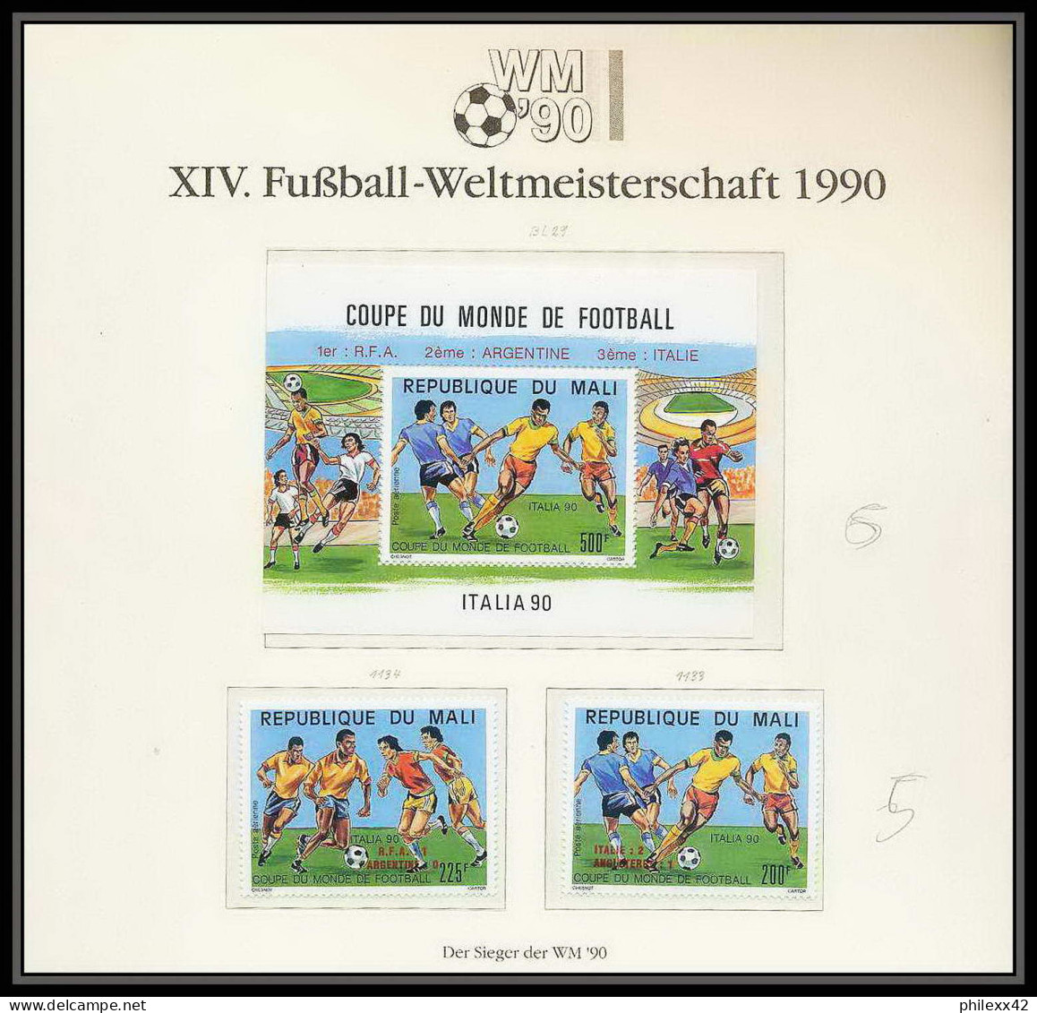 034 Football (Soccer) Italia 90 Neuf ** MNH - Mali N° 1133/34 + BLOC 29 Overprint IN RED - 1990 – Italien