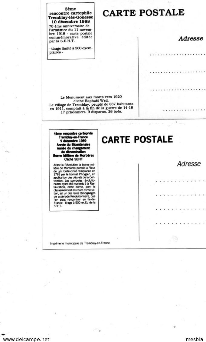 2 CPM -   REPRODUCTIONS -  Rencontres Cartophiles - TREMBAY Lès GONESSE - TREMBLAY En FRANCE  - 1988 - 1989 - Tremblay En France