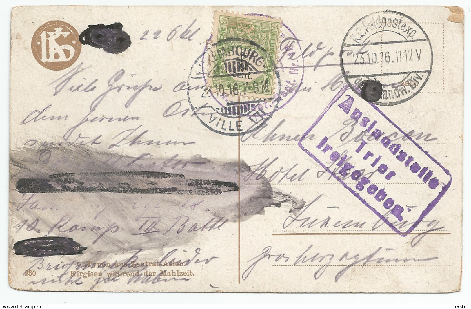 Taxe N° 1 (5c) Sur Carte-vue Expédiée En "Feldpost"  De Trèves Vers Luxembourg (+ Censure Allemande) , 1916 - Postage Due