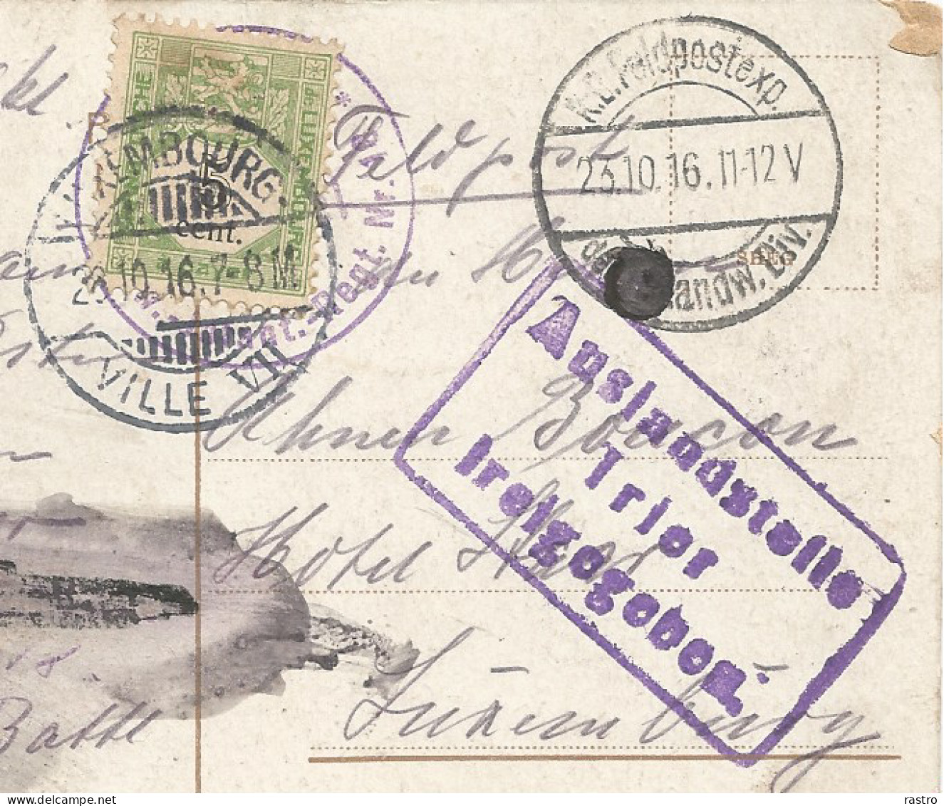Taxe N° 1 (5c) Sur Carte-vue Expédiée En "Feldpost"  De Trèves Vers Luxembourg (+ Censure Allemande) , 1916 - Strafport