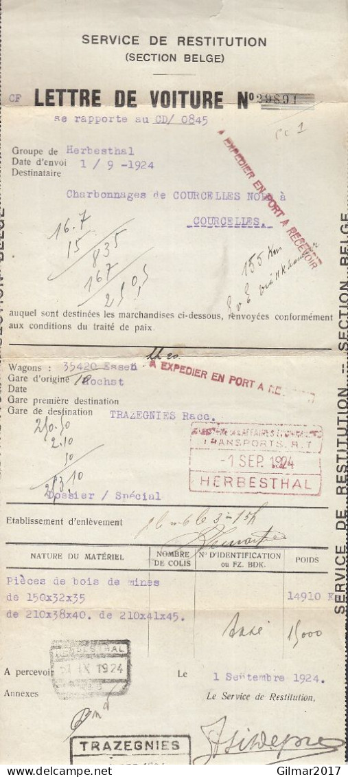 Service De Restitution (Section Belge) Lettre De Voiture Van Herbesthal Transport Naar Trazegnies - Documents & Fragments