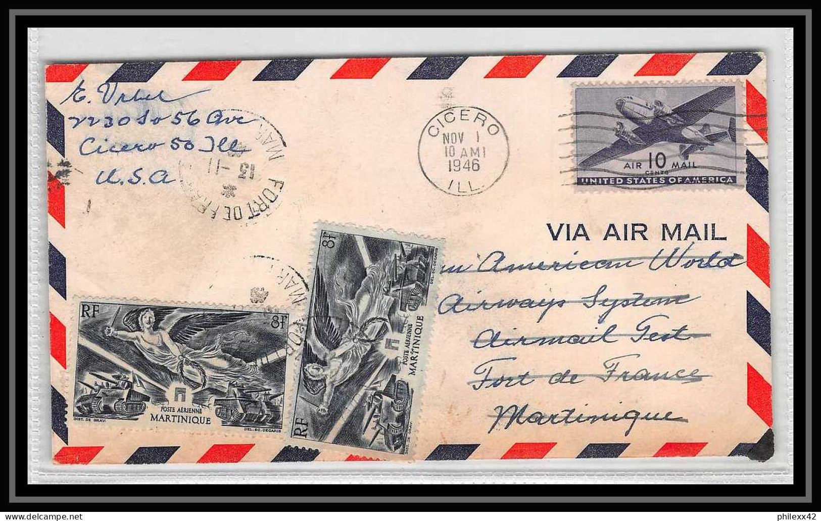 0868 Lettre Aviation (Airmail Cover Luftpost) USA Premier Vol (first Flight)1946 Cicero Fort De France Martinique - Posta Aerea