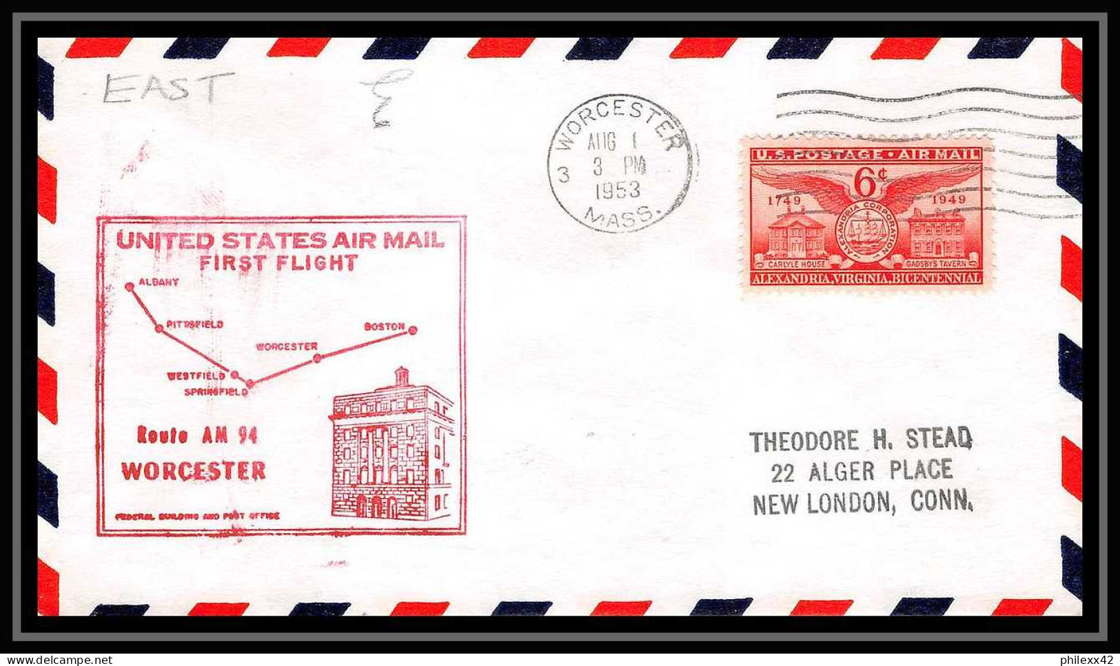 1172 Lettre USA Aviation Premier Vol Airmail Cover First Flight Aeroplane 1953 AM 94 Worcester, Massachusetts - 2c. 1941-1960 Briefe U. Dokumente