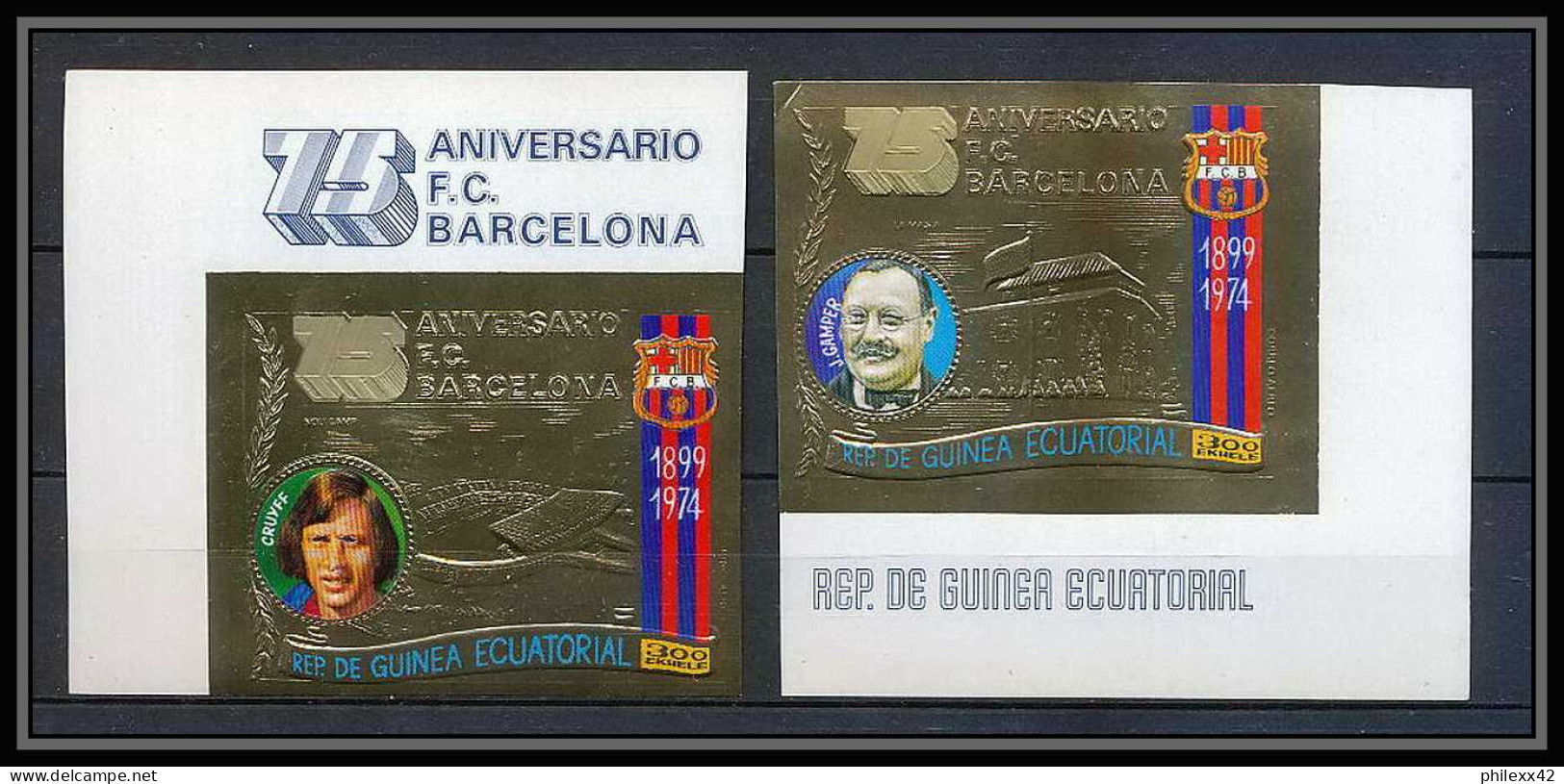 138 Guinée équatoriale Guinea N°453/54 OR Gold Stamps FC Barcelona Gamper Cruyff Football Soccer Non Dentelé Imperf - Club Mitici