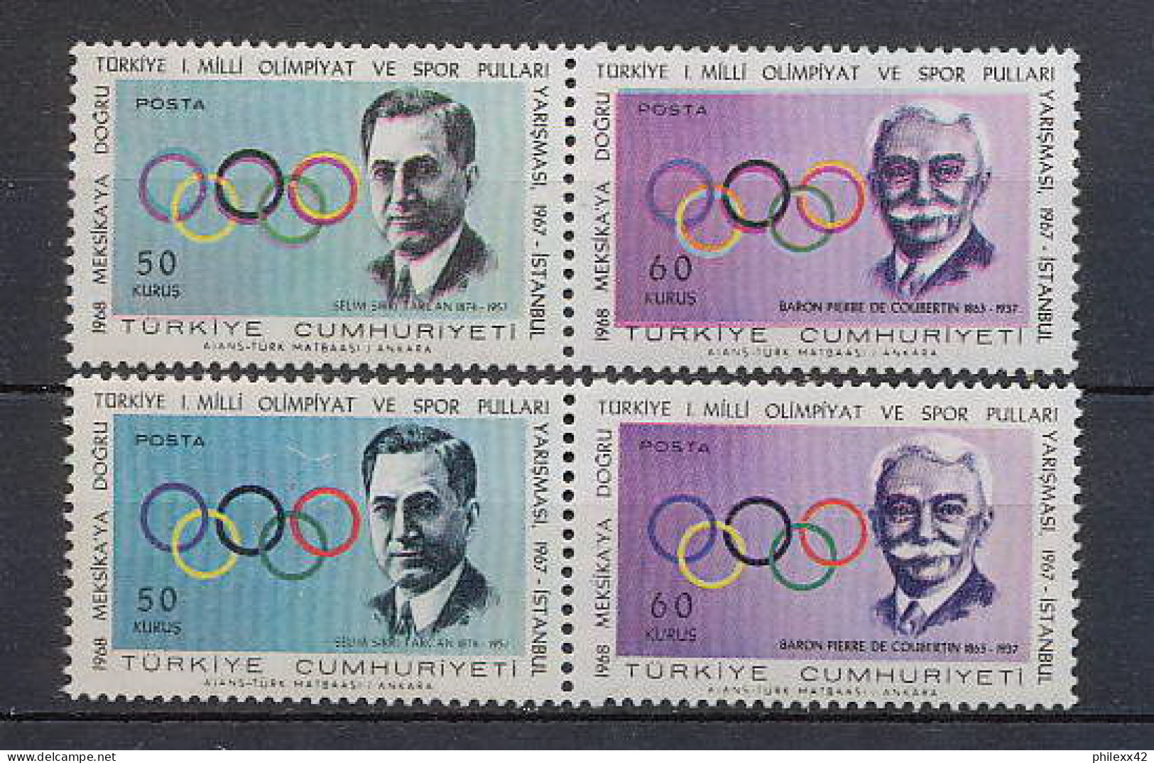 102 Sport Turquie (Turkey) Jeux Olympiques (olympic Games) Coubertin Variété (color Error) Couleur Décallées 1868 - Unused Stamps