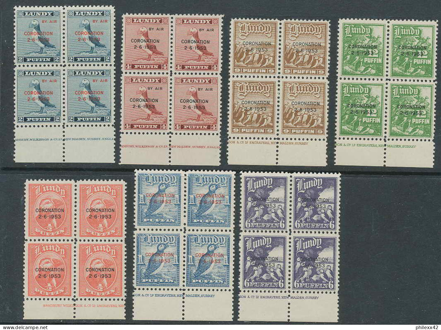 1023a - Lundy English Island 1953 Série Oiseaux Birds Puffn Complète Overprint Surchargé CORONATION Bloc 4 MNH ** - Local Issues