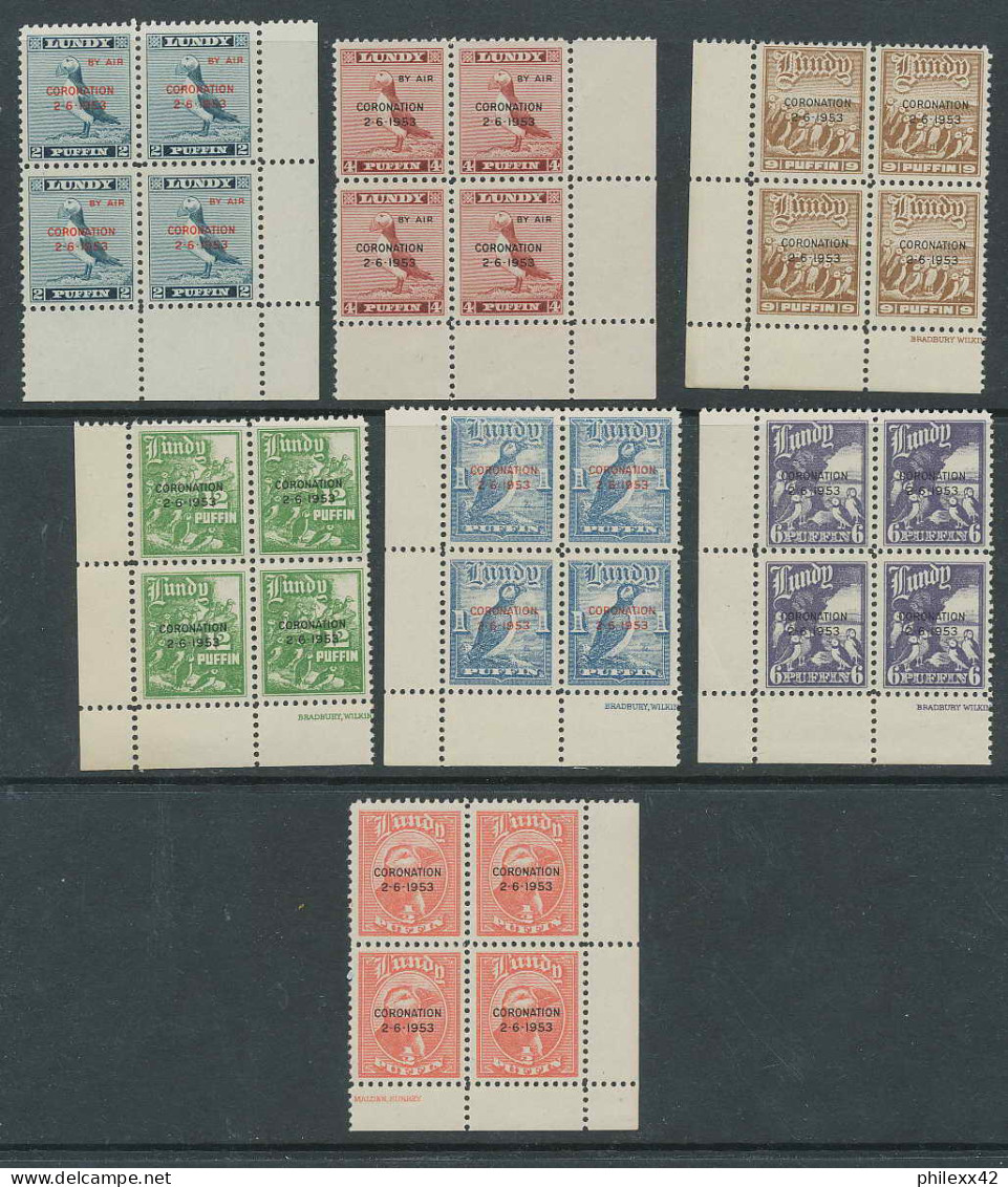 1023b - Lundy English Island 1953 Série Oiseaux (bird Birds) Puffn Complète Overprint Surchargé CORONATION Bloc 4 MNH ** - Ortsausgaben