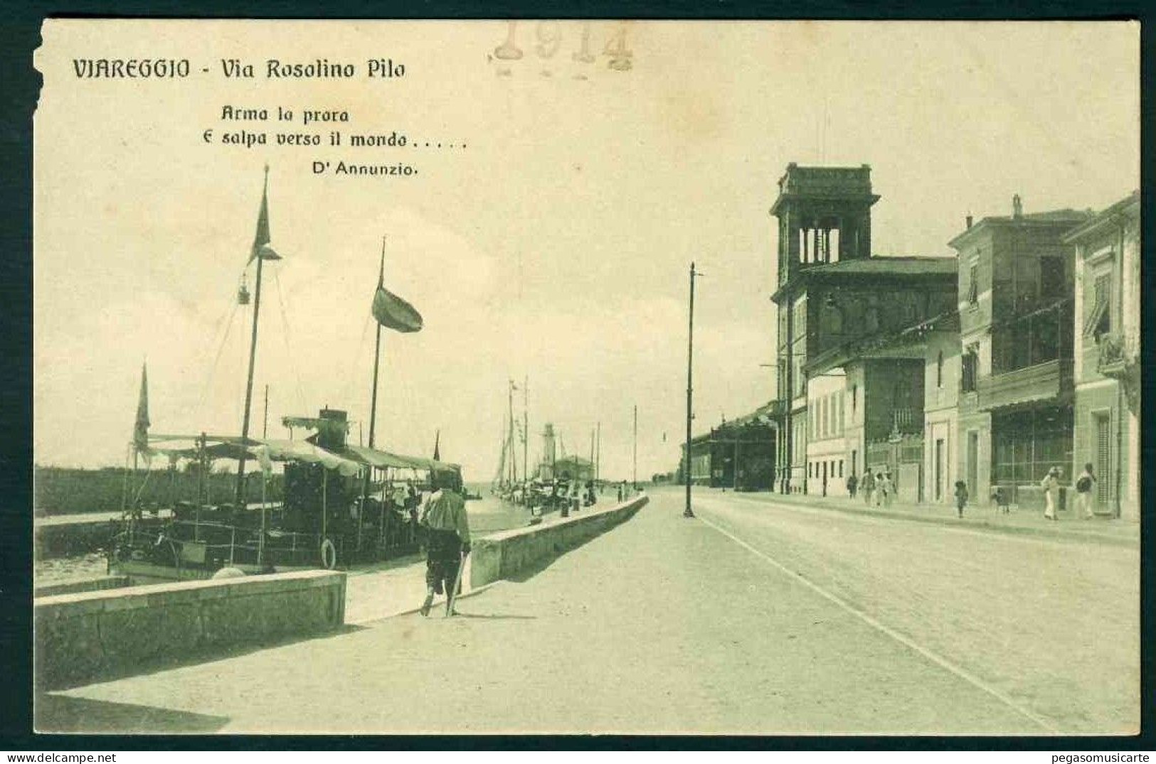 BB376 - VIAREGGIO VIA ROSOLINO PILO ANIMATA - FRASE D'ANNUNZIO - 1910 CIRCA - ANGOLINO IN ALTO A SINISTRA LESIONATO - Viareggio