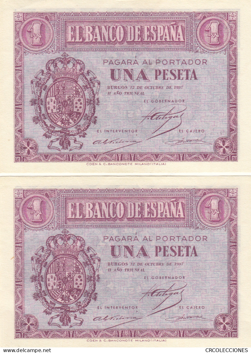 CRBS0914 PAREJA CORRELATIVA BILLETES ESPAÑA 1 PESETA 1937 SIN CIRCULAR - Other & Unclassified