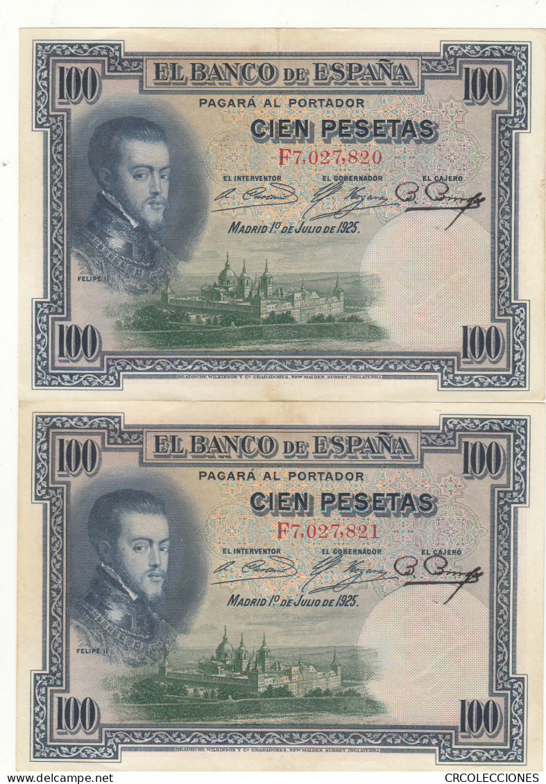 CRBS0912 PAREJA CORRELATIVA BILLETES ESPAÑA 100 PESETAS 1925 MBC  - Andere & Zonder Classificatie