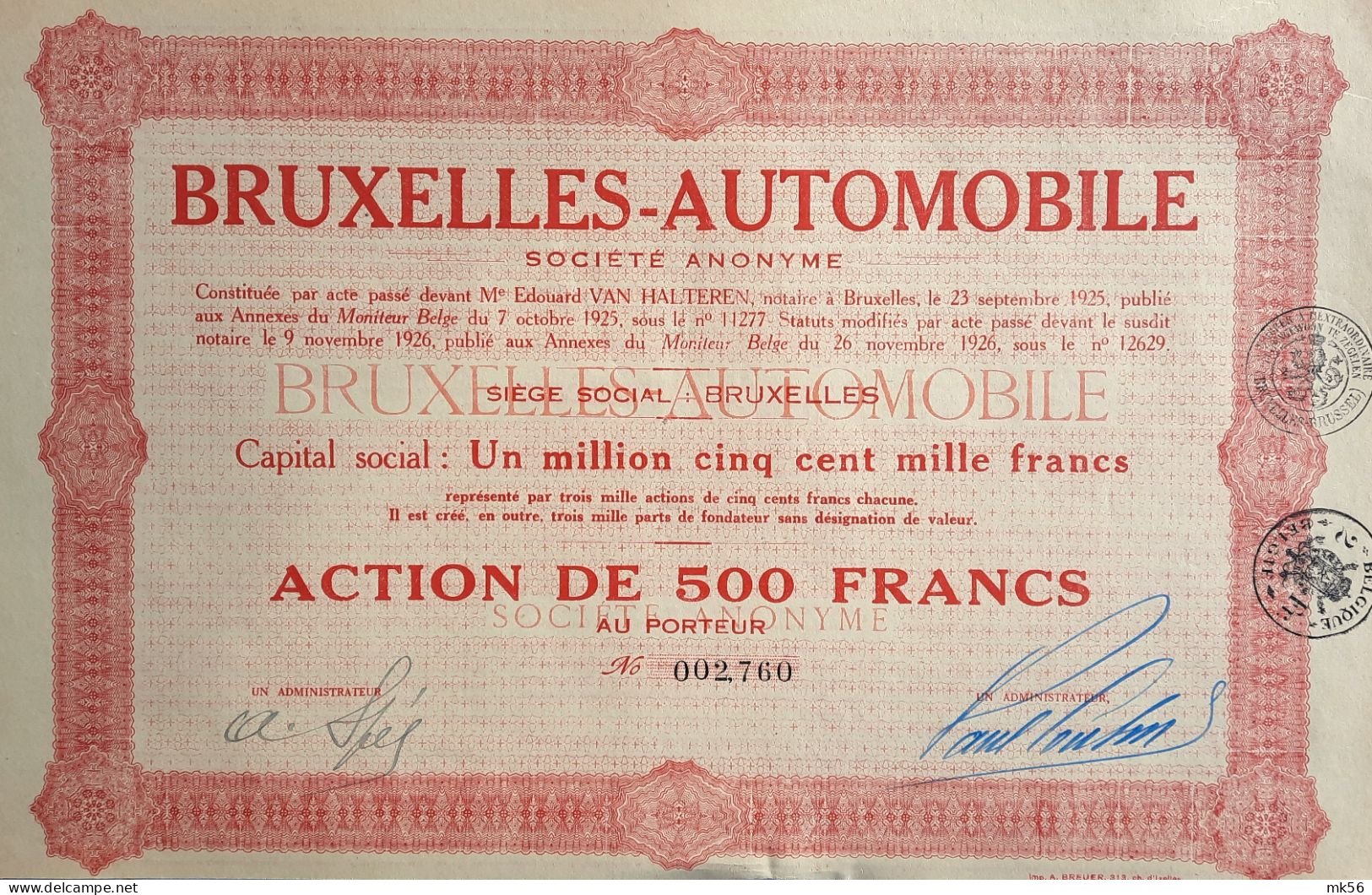 Bruxelles - Automobile  - Action De 500 Francs -  1926 - Automobil