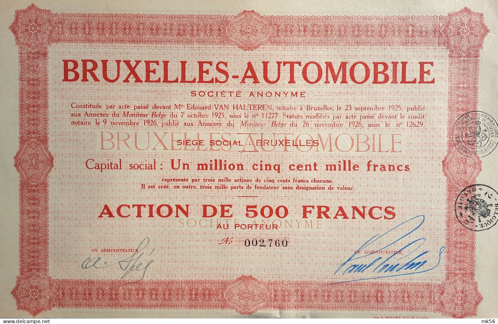 Bruxelles - Automobile  - Action De 500 Francs -  1926 - Automobile