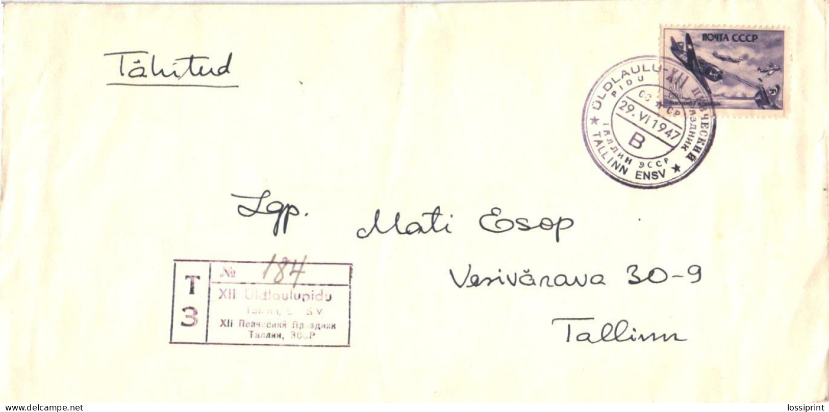 Soviet Union:USSR:Estonia:Registered XII Song Festival Special Cancellation Letter B, 1947 - Cartas & Documentos