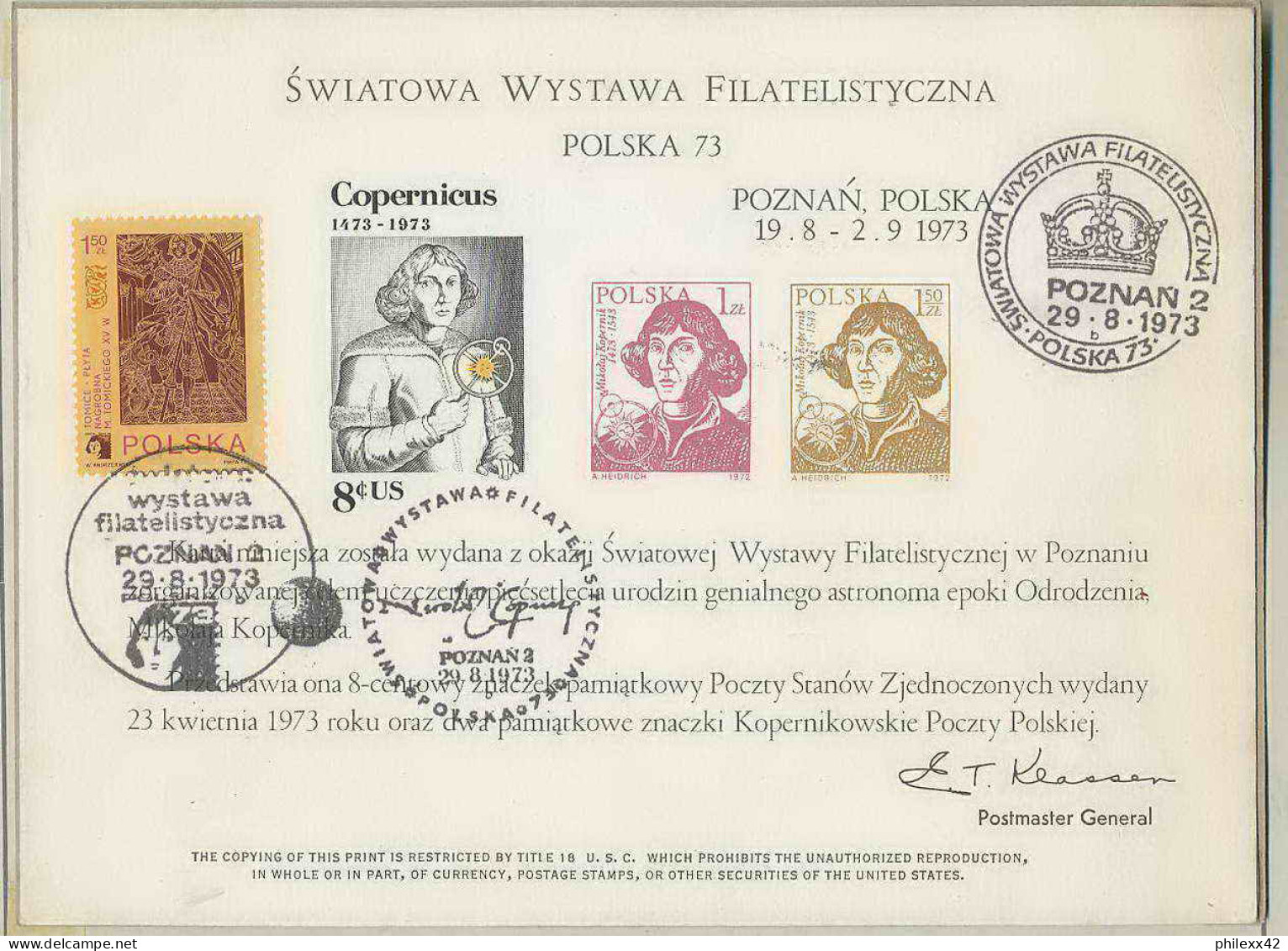023 Pologne (Poland) Pologne (Poland) 73 Poznan 500éme Anniversaire Usa Copernic Copernicus Copernico Espace (space)  - Briefe U. Dokumente