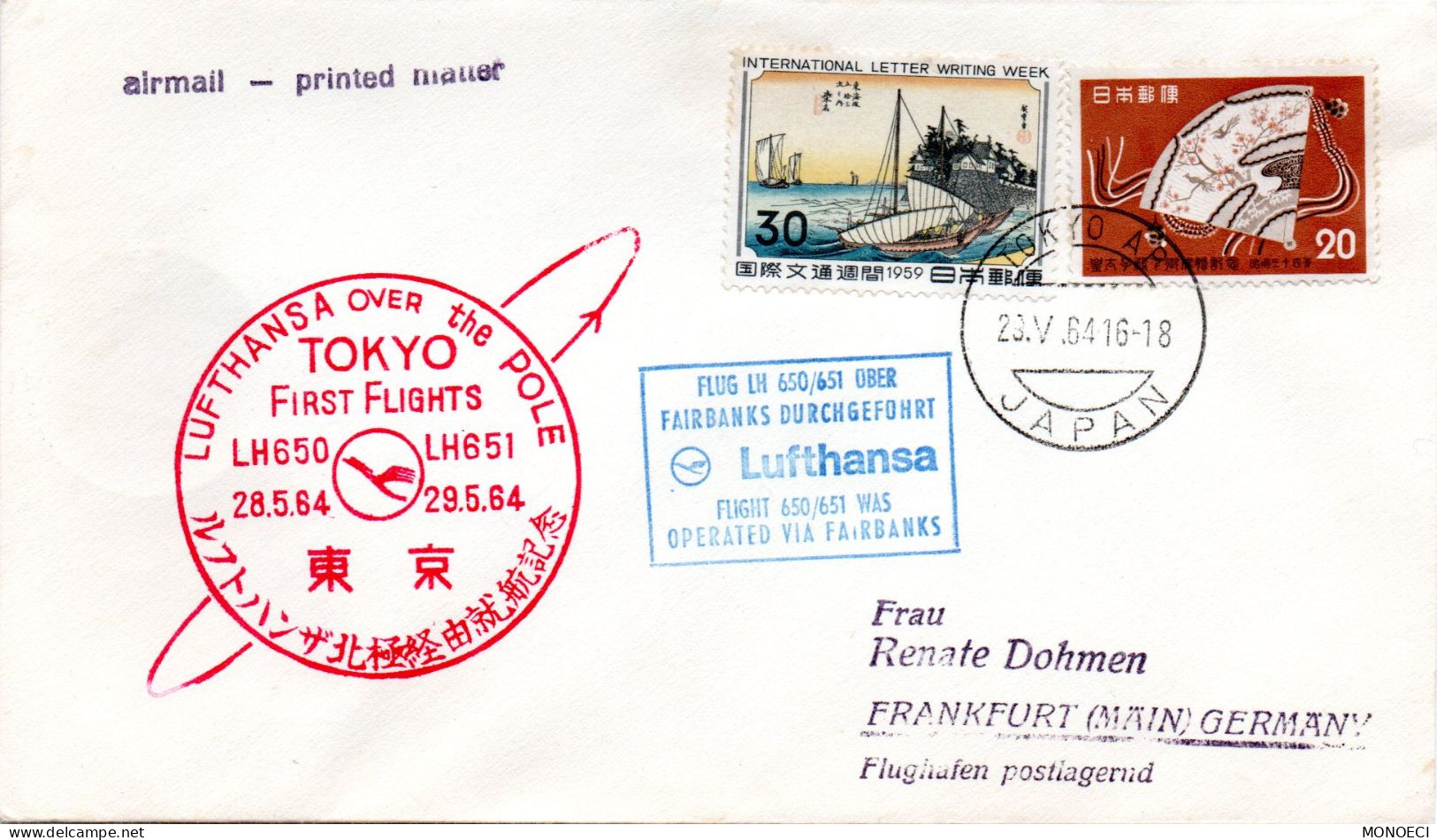 JAPON -- Enveloppe -- Lufthansa Over The POLE 28.5.1964 -- Pour FRANKFURT (Allemagne) - Lettres & Documents
