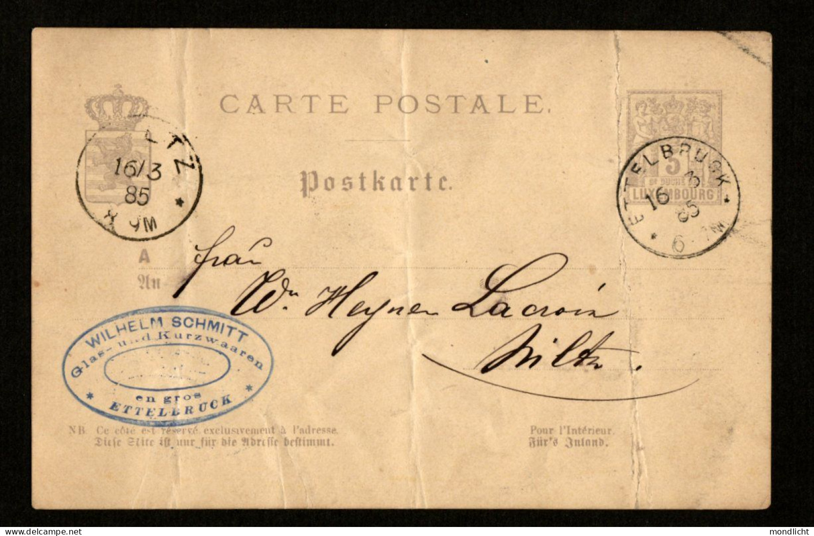 Carte Postale, Postkarte. Luxemburg, Luxembourg. Ettelbruck, Ettelbrück 1885. - Postwaardestukken