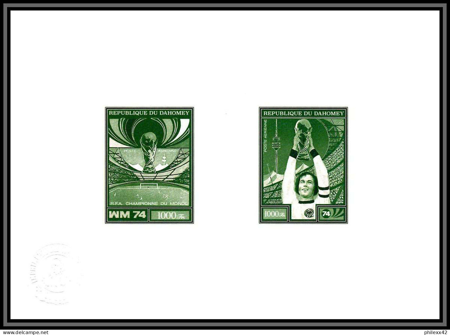 95634 N°55/610 Beckenbauer Football Soccer World Cup Munich 1974 Dahomey Epreuve D'artiste Collective Artist Proof Green - 1974 – Alemania Occidental