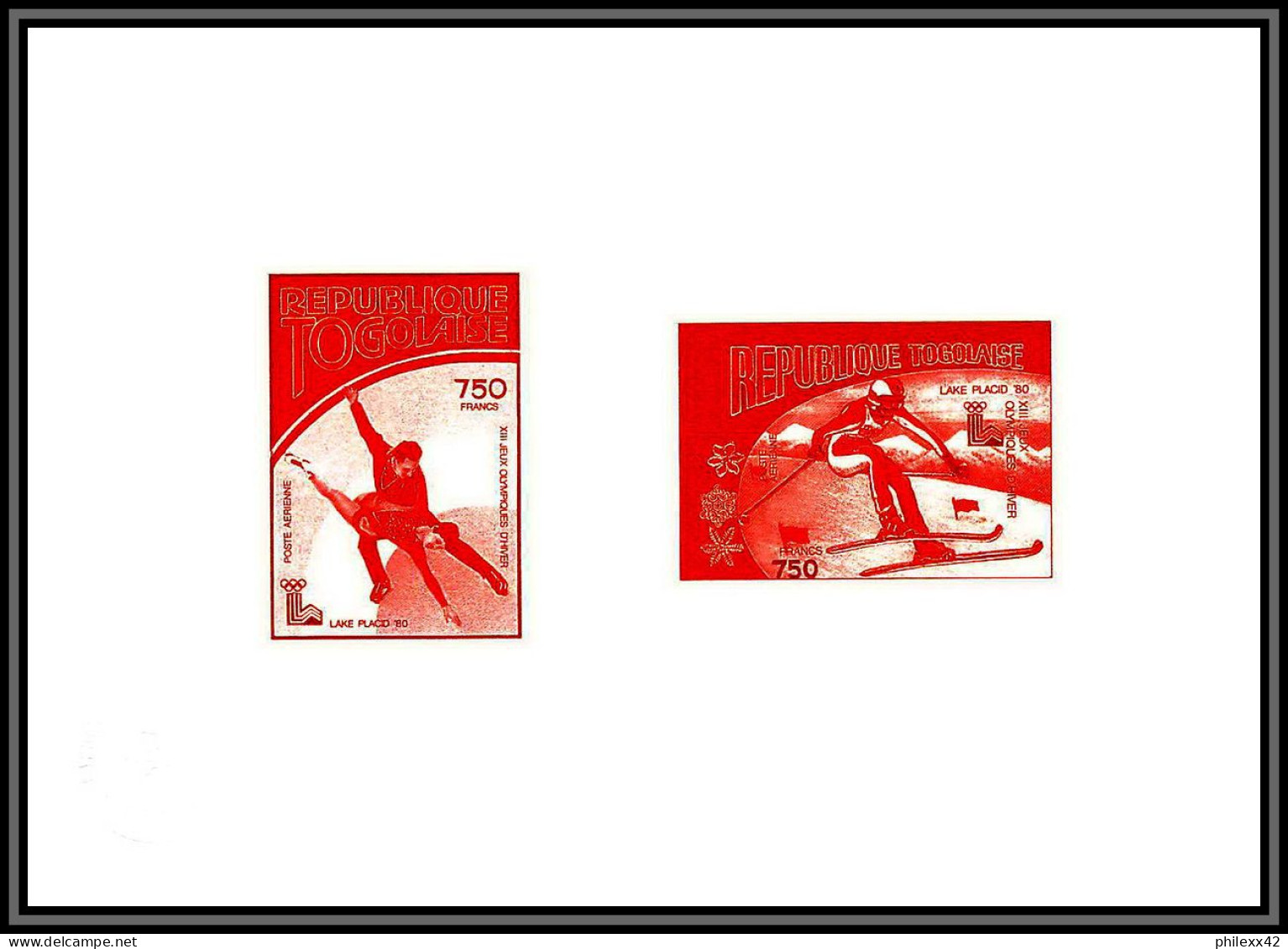 95341 N°153/152 Lake Placid Jeux Olympiques Olympic Games 1980 Togo Epreuve D'artiste Collective Artist Proof Red Ski - Invierno 1980: Lake Placid