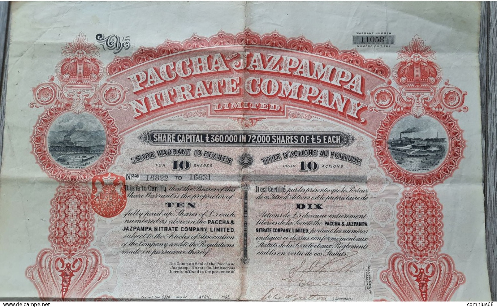 Paccha And Jazpampa Nitrate Co. Ltd. Titre De 10 Actions 5 Livres Sterling, 1895, Londres - P - R