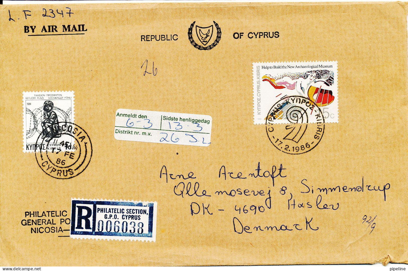 Cyprus Republic Registered FDC 17-2-1986 New Cyprus Museum Sent To Denmark - Covers & Documents