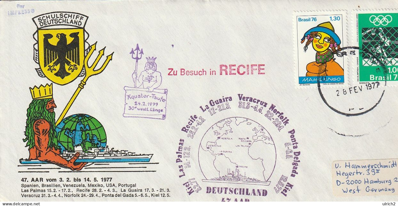 Schiffspost Schulschiff "Deutschland" Zu Besuch In Recife - 47. AAR - 1977 (67404) - Lettres & Documents