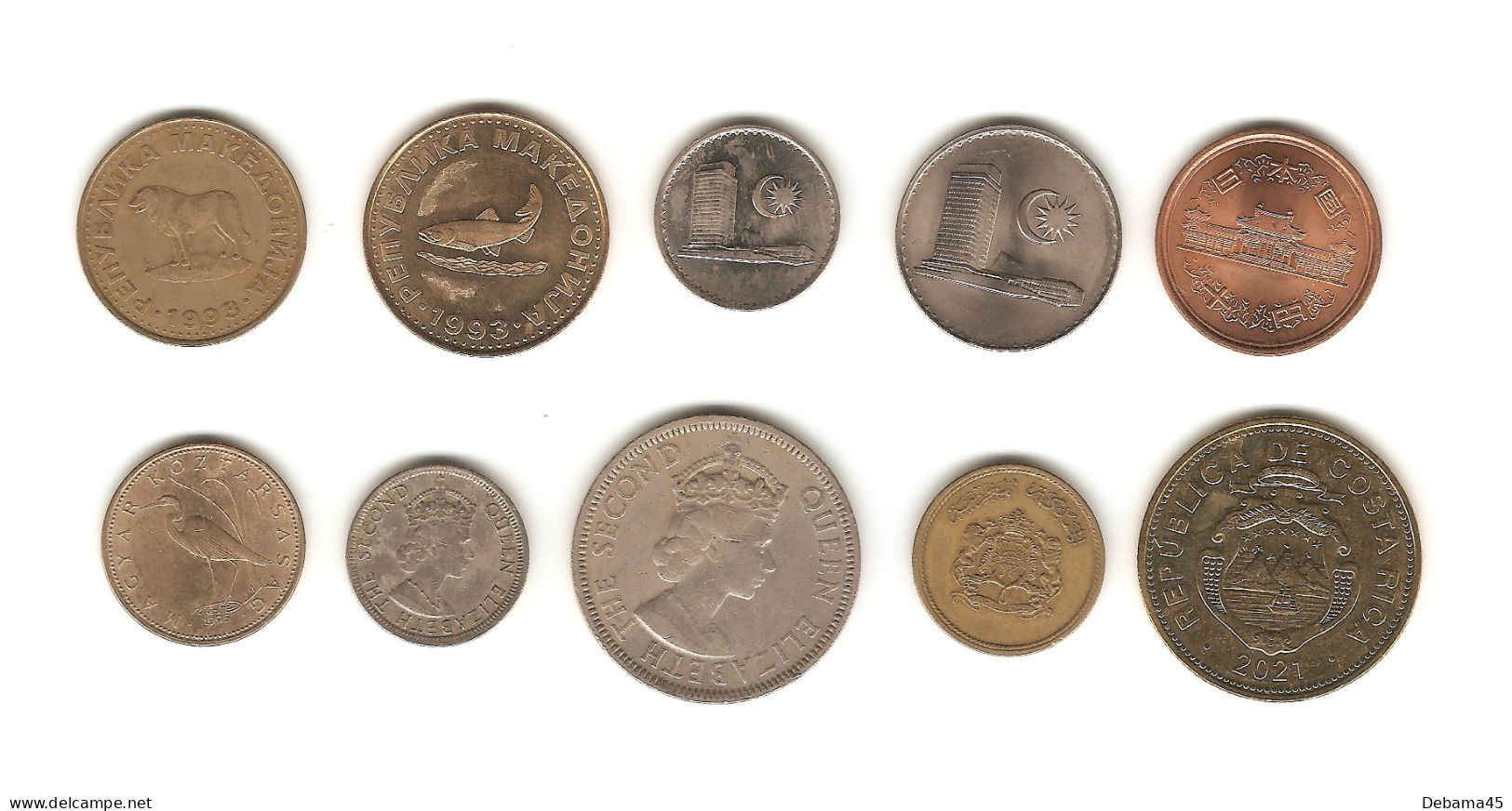 348/ Lot  : 10 Monnaies : Macédoine - Malaisie - Japon - Hongrie - Ile Maurice - Maroc - Costa Rica - Collections & Lots
