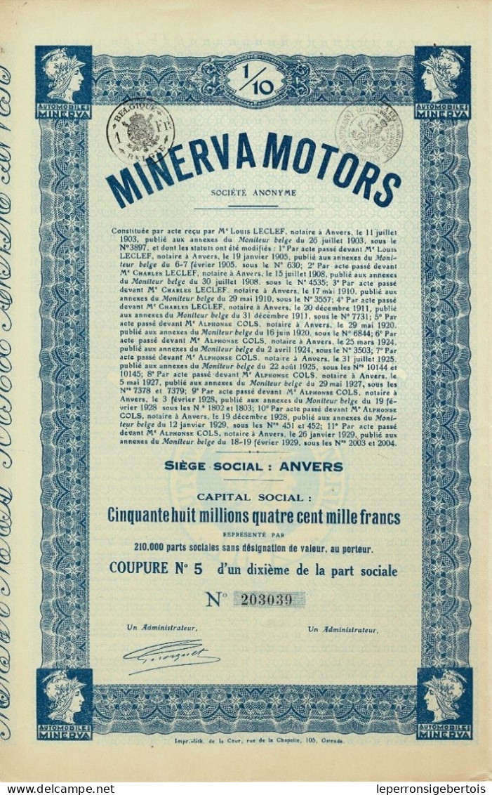 Titre De 1929 - Minerva Motors - Déco - Automobile