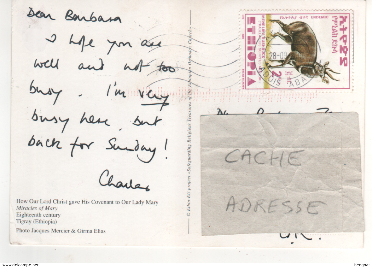 Timbre , Stamp " Animal Endémique : Tragelaphus Scriptus Meneliki ( Gazelle ?) " Sur CP , Carte , Postcard Du 28/09/2000 - Etiopia