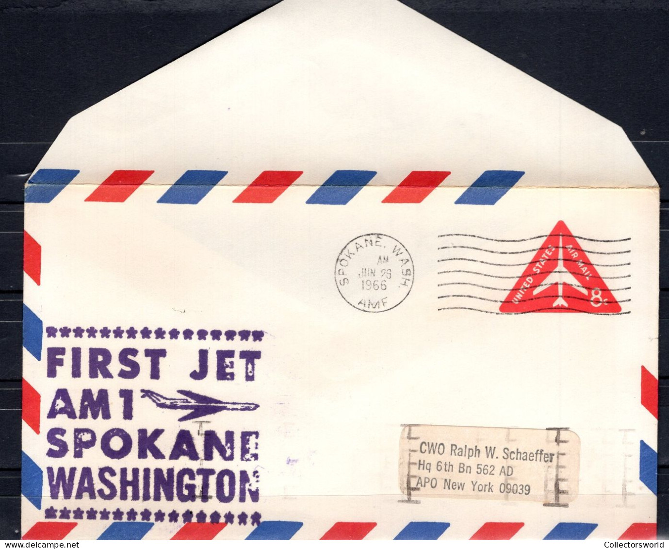USA 1966 First Flight Cover First Jet AM1 Spokane - Washington Purple Ink Embossed 8c - Schmuck-FDC