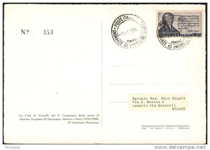 1956 Italia Vercelli  Chimie Chimica Chemistry   Amedeo Avogadro - Chimie