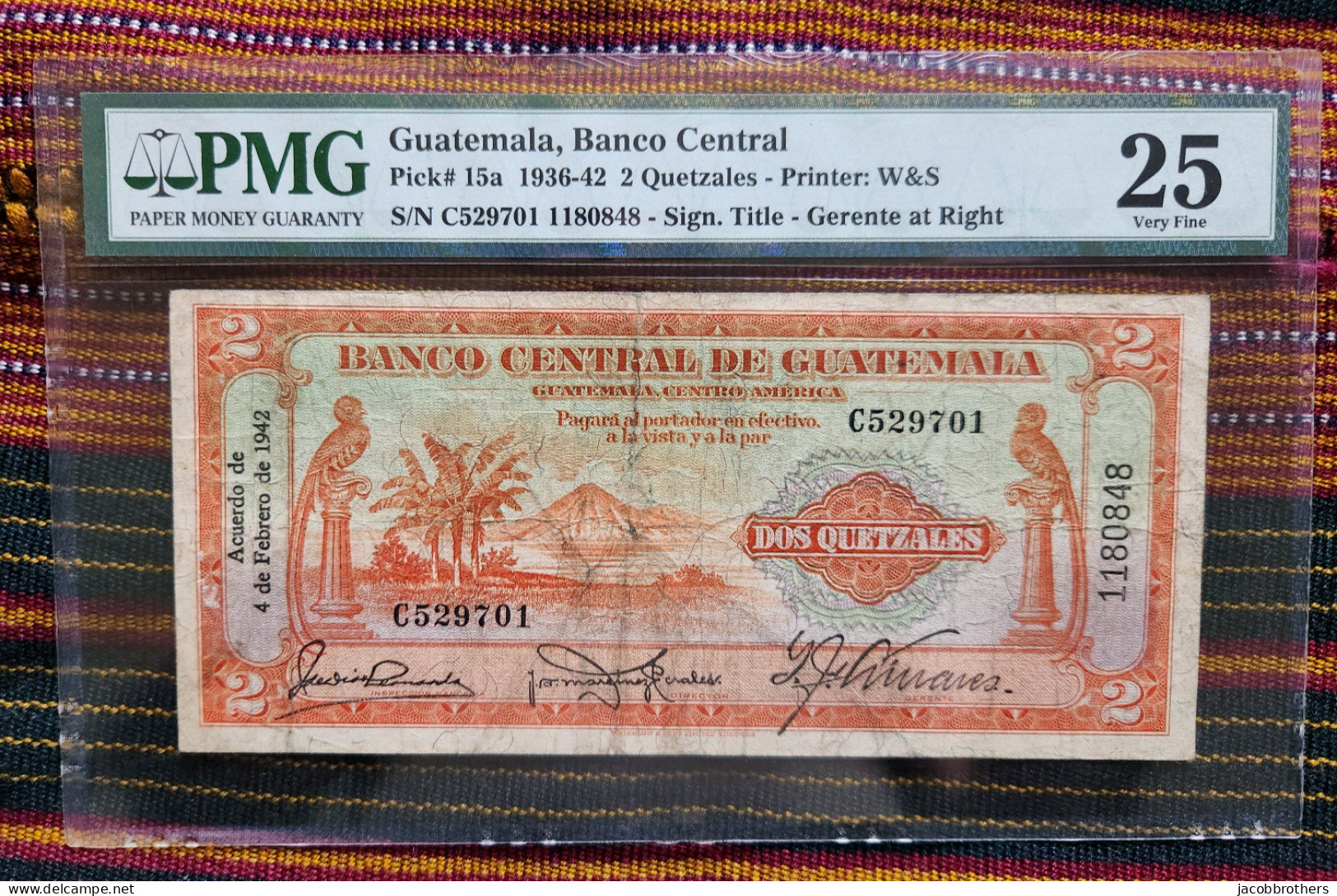 RARE GUATEMALA 2 Quetzal Banknote 1942 Pick 15a PMG Certified - Guatemala