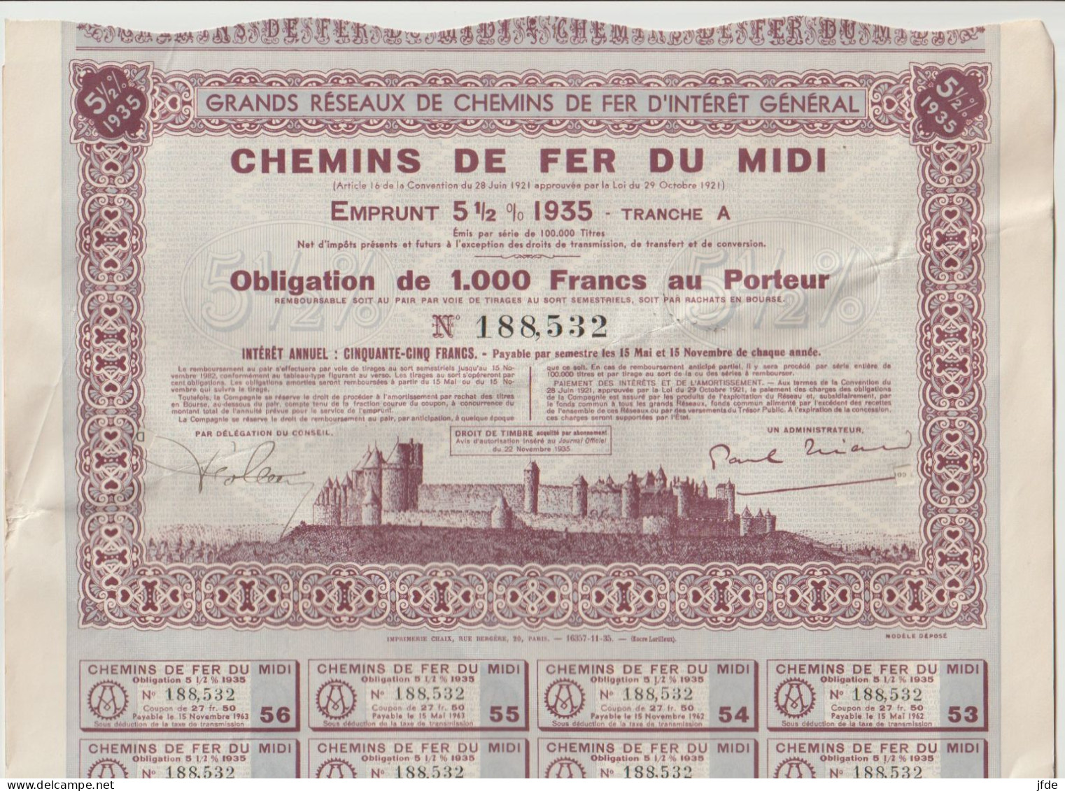 Chemins De Fer Du Midi 1935 Décoré  Carcassonne 1000F - Chemin De Fer & Tramway