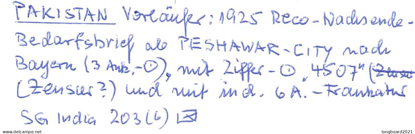 INDIA - PAKISTAN - INTERESTING REGISTERED LETTER 1925 PESHAVAR - BAVARIA/DE / 5150 - 1911-35 Koning George V