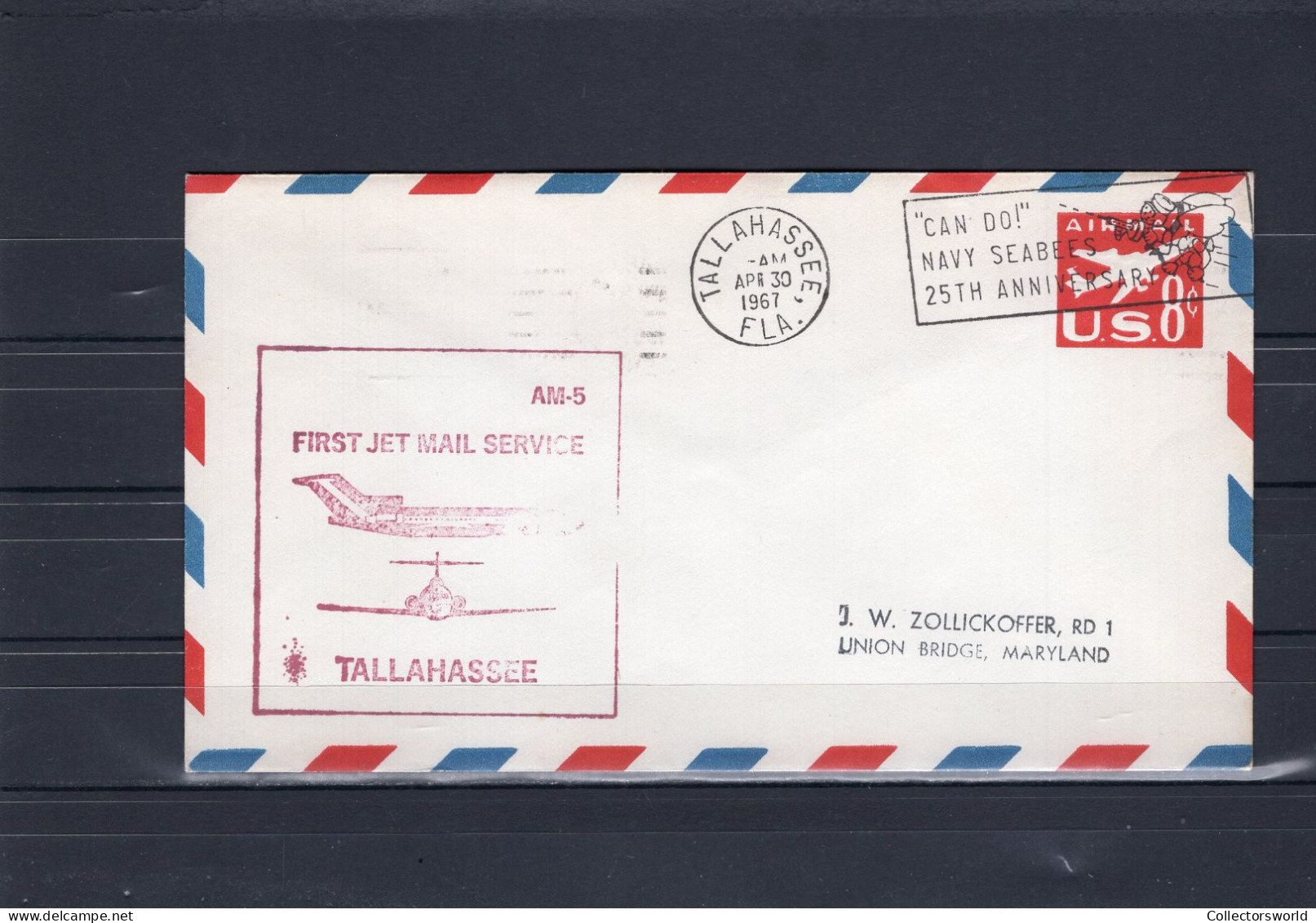 USA 1967 First Flight Cover First Jet Mail Service Tallahassee AM5 Embossed 8c - FDC