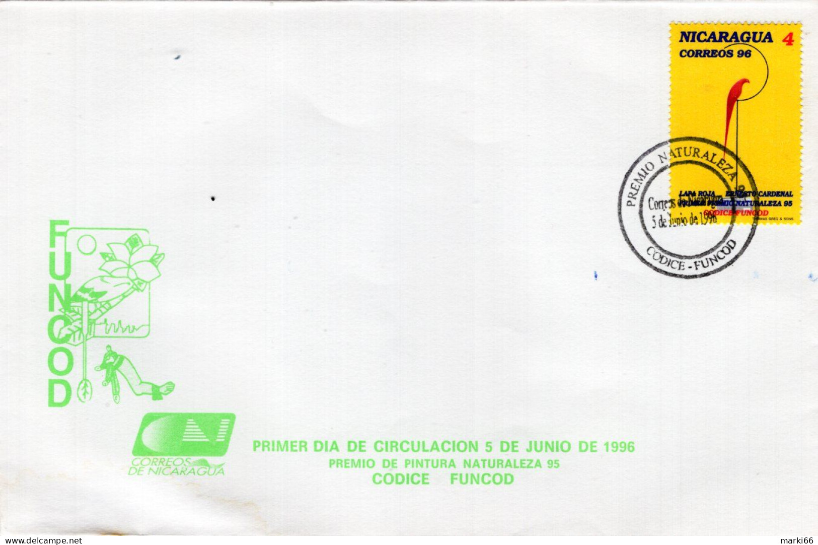 Nicaragua - 1996 - Red Parrot By Ernesto Cardenal - FDC (first Day Cover) - Nicaragua