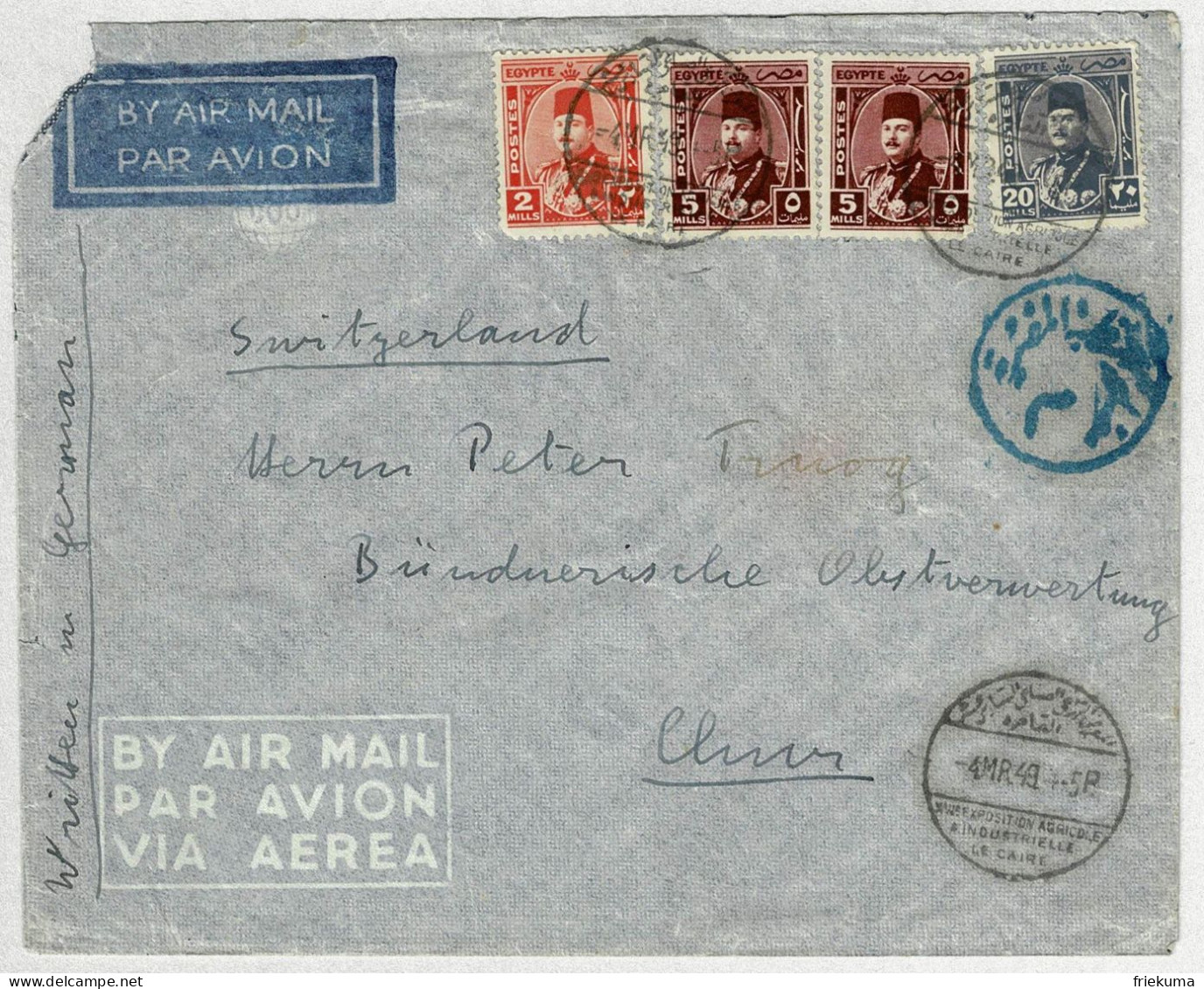 Aegypten / Postes Egypte 1949, Luftpostbrief / Air Mail Exposition Agricole & Industrielle Caire - Chur (Schweiz) - Lettres & Documents