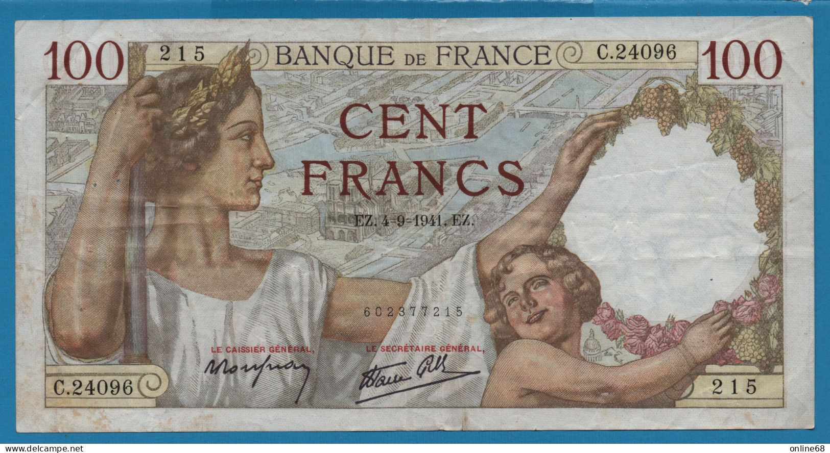 FRANCE 100 FRANCS 04.09.1941 # C.24096 F# 26/57, P# 94 Sully - 100 F 1939-1942 ''Sully''