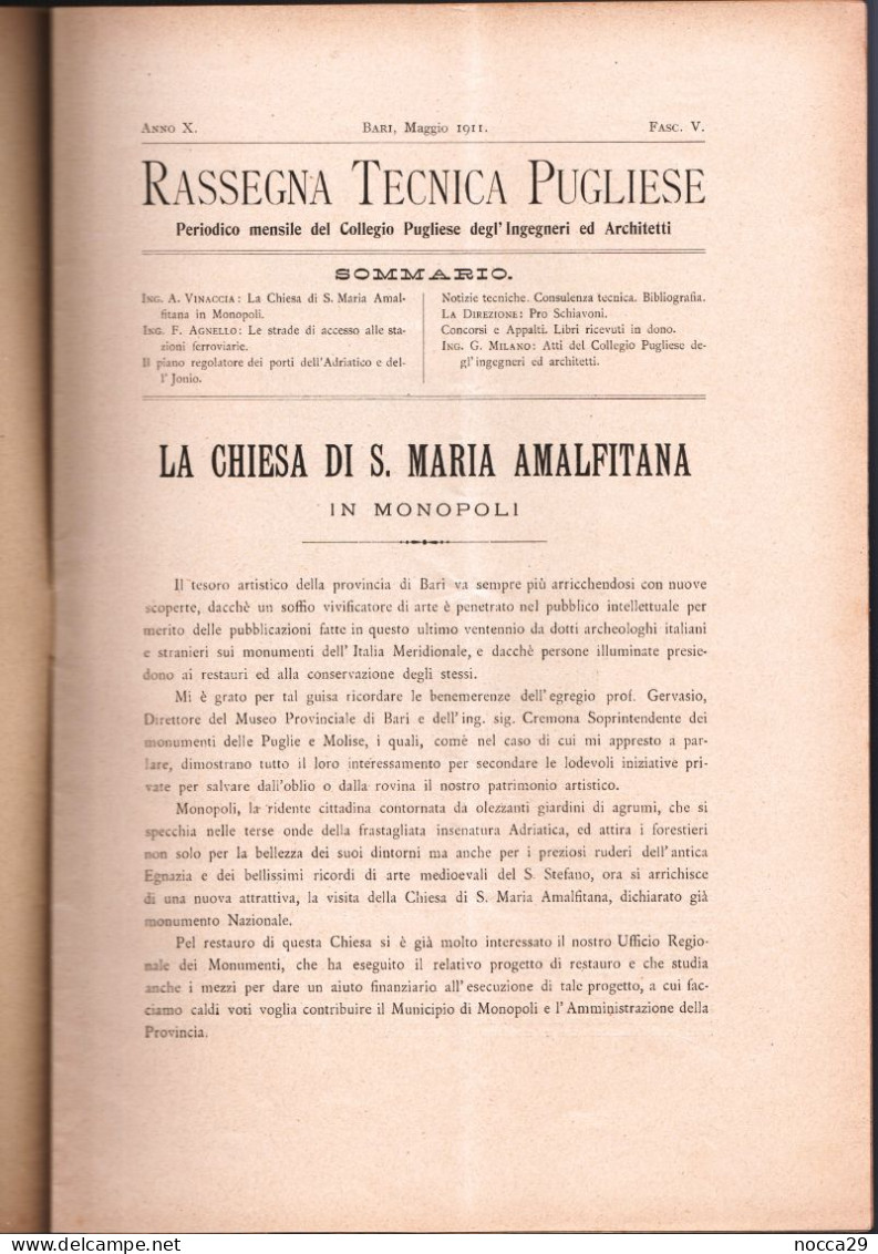 RIVISTA DEL 1911 - RASSEGNA TECNICA PUGLIESE - CHIESA DI S.MARIA AMALFITANA IN  MONOPOLI - BARI (STAMP328) - Testi Scientifici