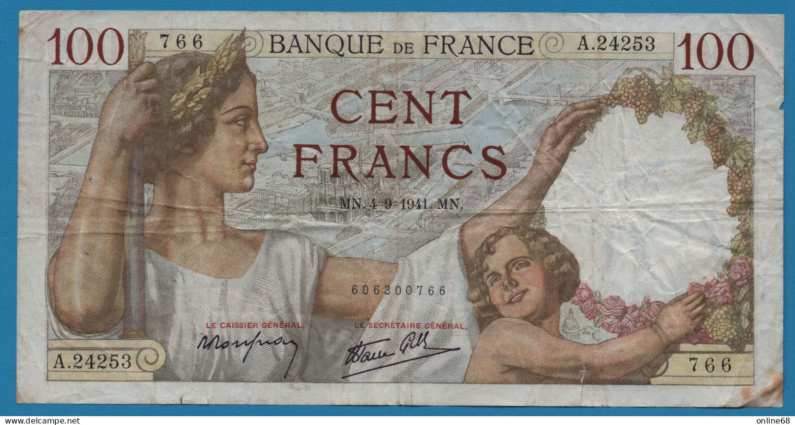 FRANCE 100 FRANCS 04.09.1941 # A.24253 F# 26/57, P# 94 Sully - 100 F 1939-1942 ''Sully''