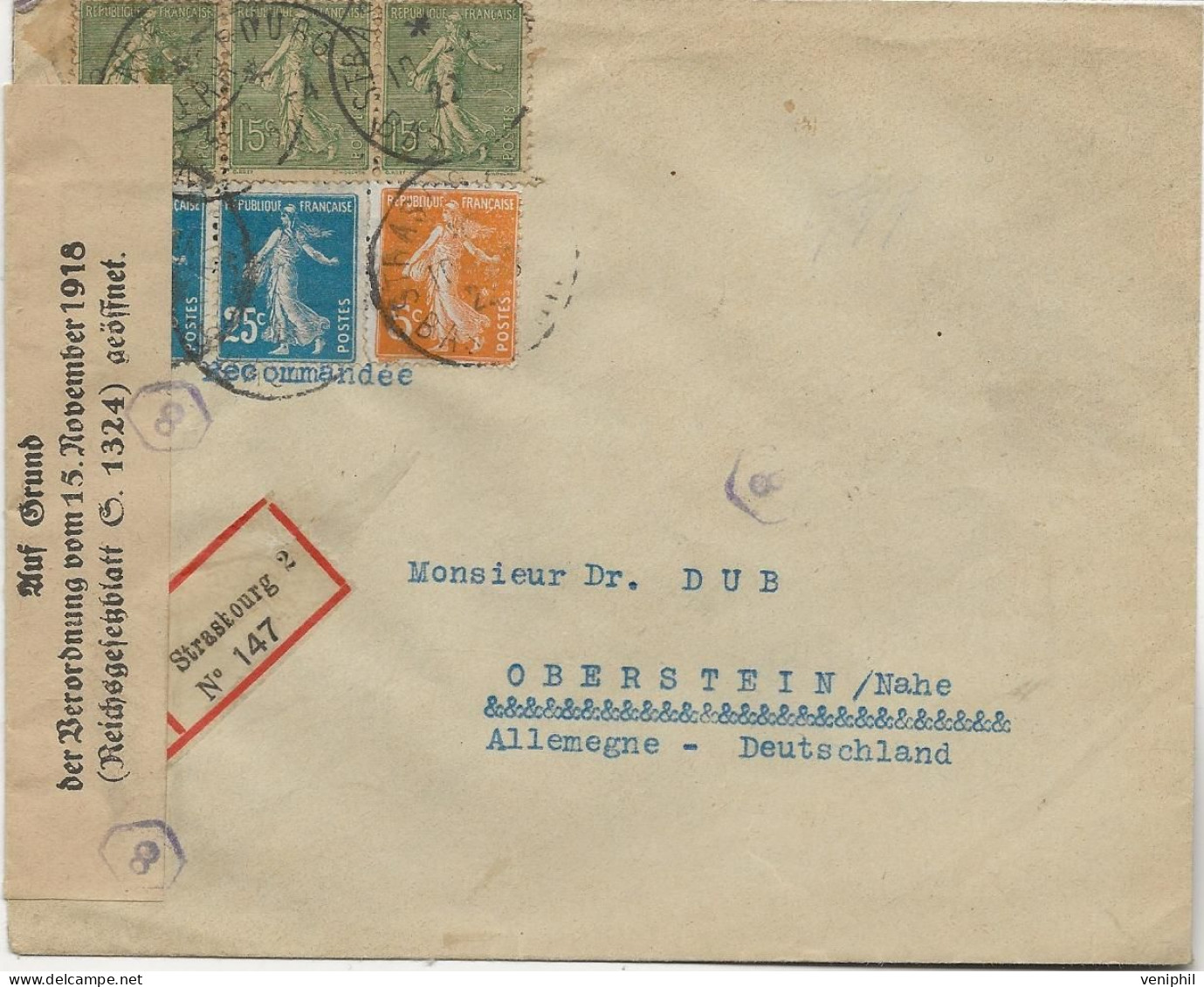 LETTRE RECOMMANDEE - AFFRANCHIE N°130 +140+N° 158 -REG.DE STRASBOURG A OBERSTEIN -ALL. AVEC ETIQUETTE .ALL.10.4.1922 - Brieven En Documenten